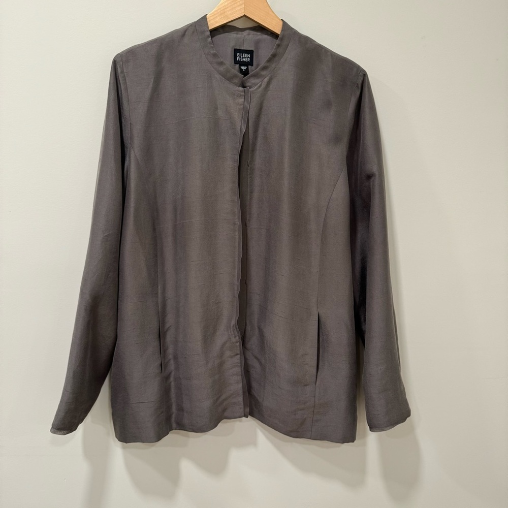 EILEEN FISHER Champagne taupe  Textured Silk Jacket Blazer Sz L  100% Silk